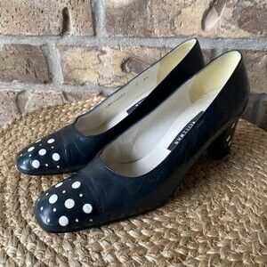 Vintage Women's Stuart Weitzman Navy Heels w/Die Cut Polka Dots  Size 7AA